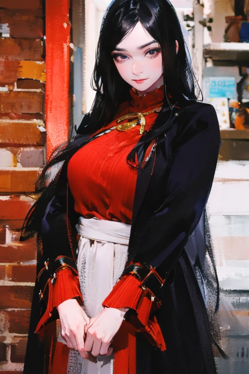a beautiful young woman with long,flowing black hair standing in a city street, her arms behind her back, wearing a long black skirt and a red coat, with highly detailed and realistic facial features, masterpiece, 8k, photorealistic, professional, vivid colors, sharp focus, physically-based rendering, extremely detailed description