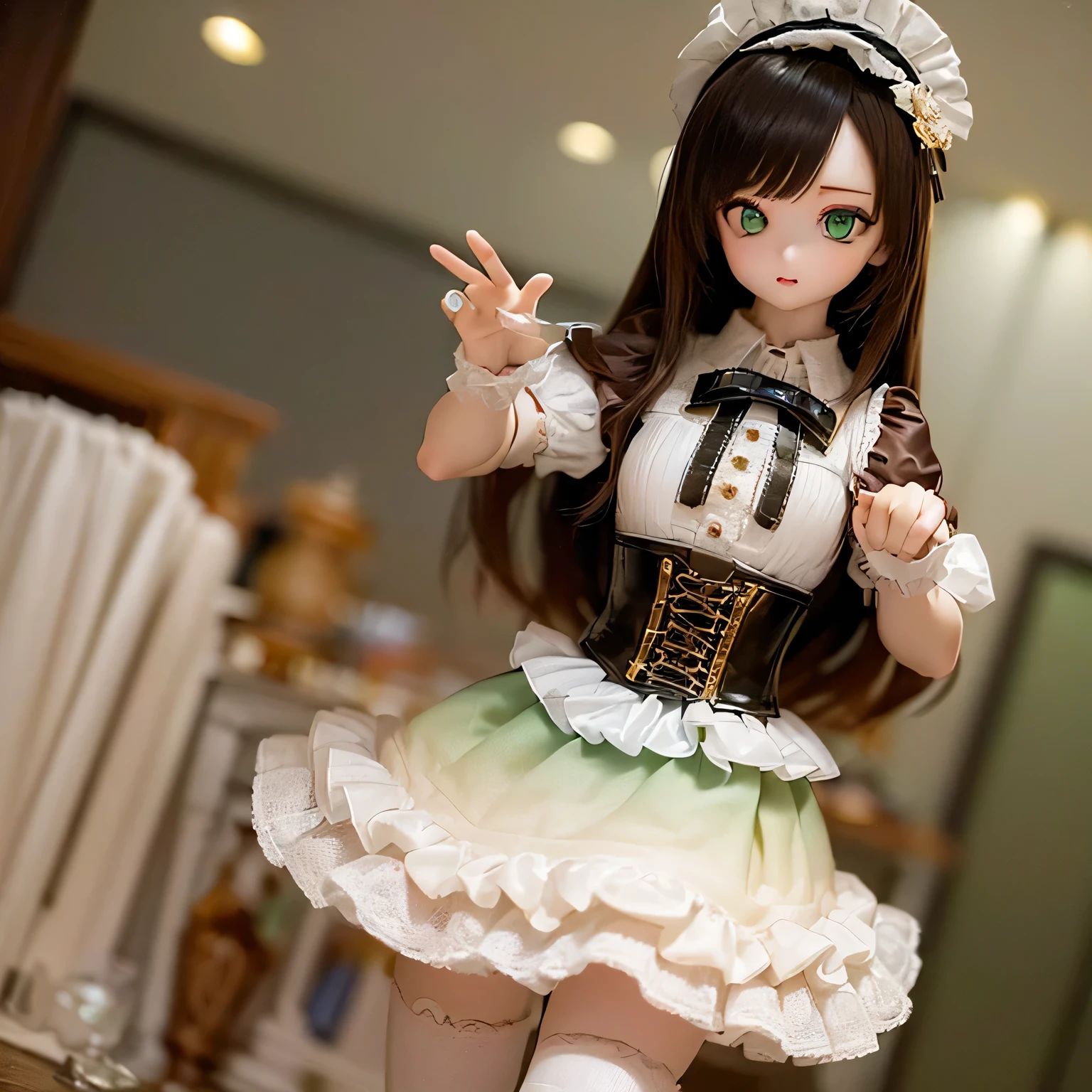 (SFW:2), photorealistic, realistic photo, 8k, ((highest quality)), ((masterpiece)), (extremely detailed), kukolnydom, doll, (mature woman, 21yo, 21 years old, solo:1.6), ((cowboy shot, dynamic pose, slim, slender, skinny, medium breasts, bowler hat, frilled shirt, puffy sleeves, corset, tiered pannier skirt, thigh-high socks)), (green eyes, brown hair, long hair, plastic skin, looking at another, glass eyes, gradient eyes, shining eyes, detailed eyes:1.3)