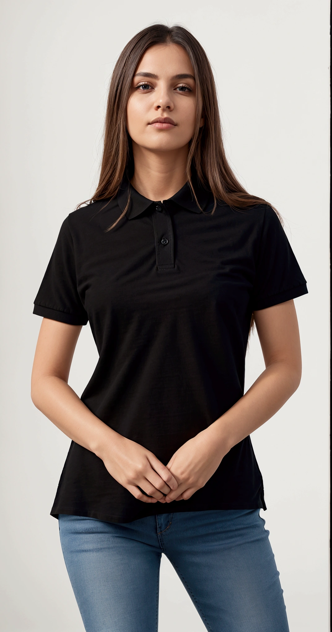 a woman in a black shirt polo and jeans poses for a picture, short sleeves, wearing polo shirt, collared shirt, front portrait, black, “organic, wearing a black shirt, or black, plain, black shirt, 3/4 front view, front-view, wearing a dark blue polo shirt, basic, black t shirt, collar on neck, no logo!!!