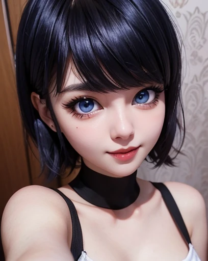 only face, selfie, wallpaper, full HD,  beautiful and detailed face with black lips and voluminous sensual smile, blue eyes white skin black eyeliner and short bob hair with bangs 