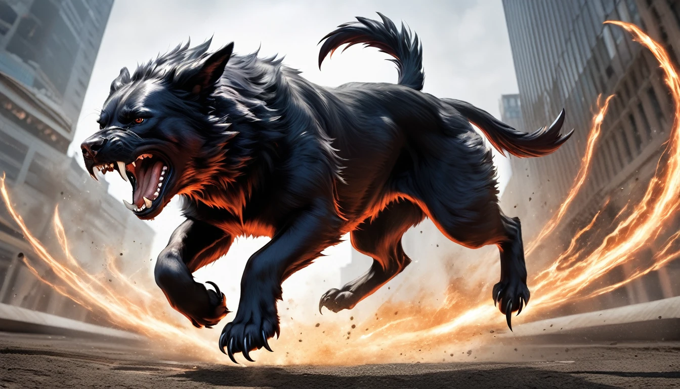 Realistic photos, RAW Photos, Cerberus, attacks viewer, Powerful movements, jump on prey, ((Dynamic jump)), Sharp Claws, Cerberus approaching from above, sudden approach, Bad-tempered, dynamic Shot from grand