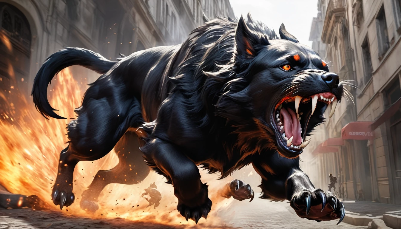 Realistic photos, RAW Photos, Cerberus, attacks viewer, Powerful movements, jump on prey, ((Dynamic jump)), Sharp Claws, Cerberus approaching from above, sudden approach, Bad-tempered, dynamic Shot from grand