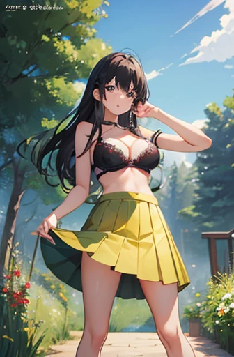 A few girls Meadow Everyone dresses sexy She is lifting her skirt and showing her bra. Anime Style Highest quality masterpiece