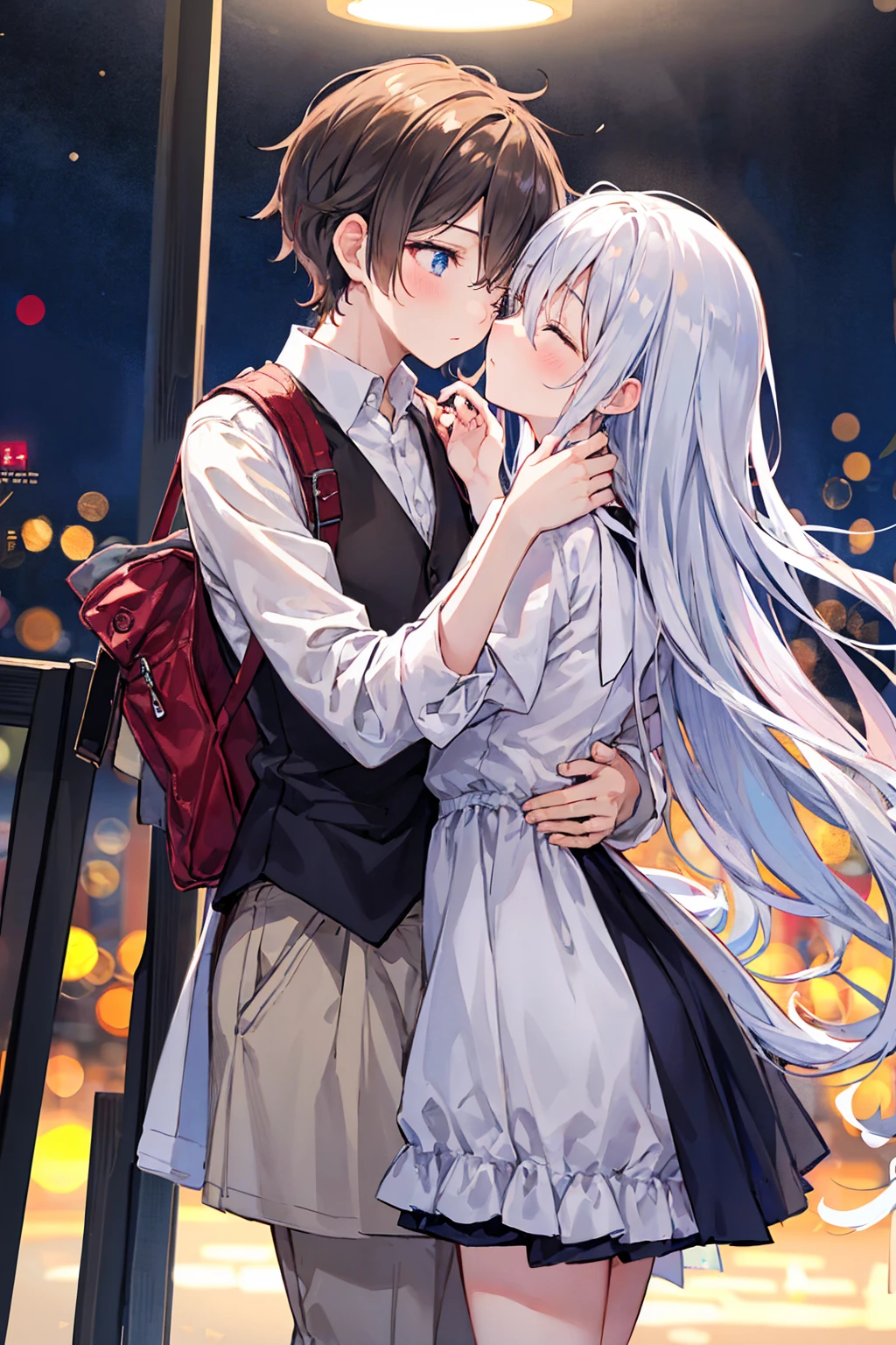 (masterpiece) Attention to detail, masterpiece),(High definition)Couple in their 20ale1名, woman1名、Kissing、Romance、Shiny atmosphere、Glossy appearance、City of night,woman(Brown medium-long hair )Close ~ eyes、Sweet Sigh、male(Black and unkempt hair、Y shirt, shirt)tightly close your eyes、background、The night deepens、dark, womanはショックを受けた, maleが壁に向かって彼女にキスをする, maleが腰を抱く, And his eyes were tightly closed, Romantic environment,((Highest quality)), (Very detailed), (High definitionCG合成8K壁紙), 高いly detailed, 高い-definition raw color photos, Professional photography, (((Bokeh))), Written boundary depth,Bust Shot