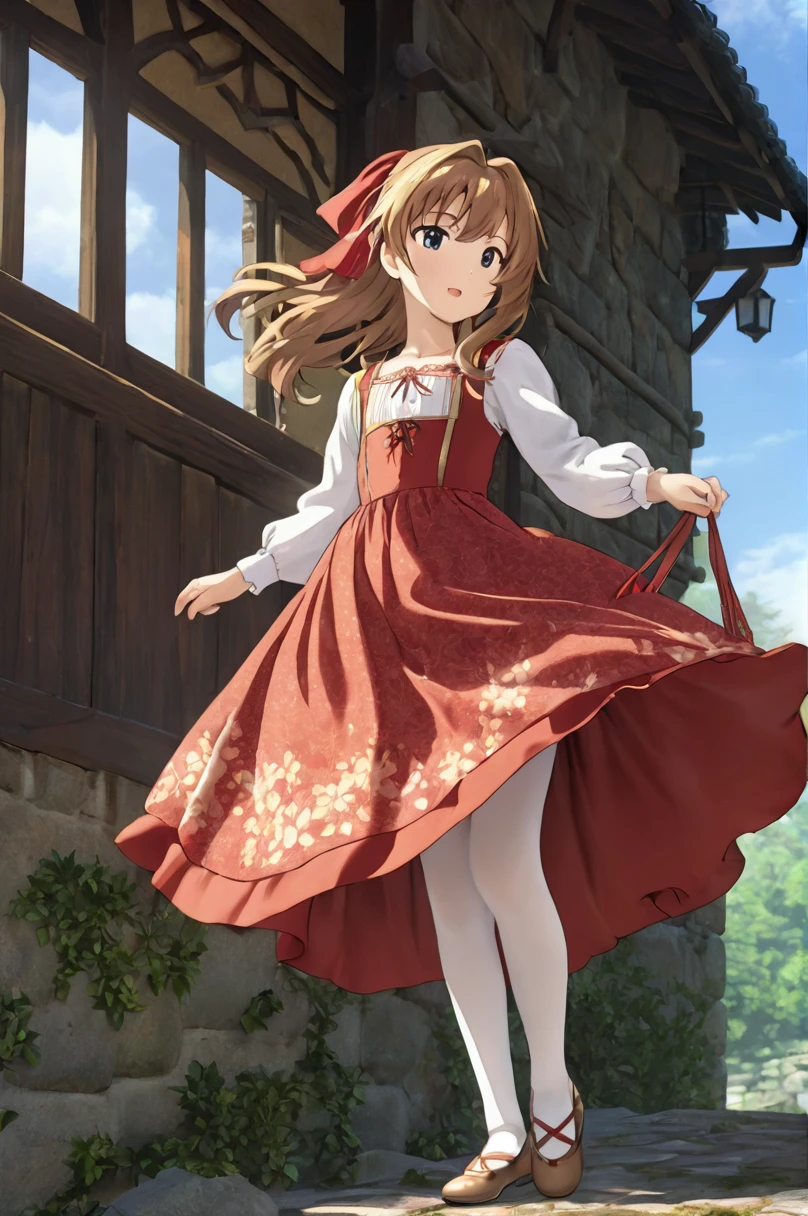  girl underwear,Aisaka Taiga、Realistic bloomers made from patterned cotton fabric, Medieval one-piece dress with panniers, Fabric Realism, Low - Angle, I see bloomers, Pull up the dress by hand, Strong winds, Translucent slip, Translucent slip, tights, Highest quality, whole body