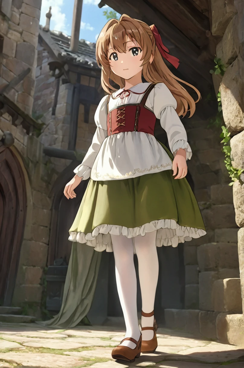 10 year old girl underwear,Aisaka Taiga、Realistic bloomers made from patterned cotton fabric, Medieval one-piece dress with panniers, Fabric Realism, Low - Angle, I see bloomers, Pull up the dress by hand, Strong winds, Translucent slip, Translucent slip, tights, Highest quality, whole body