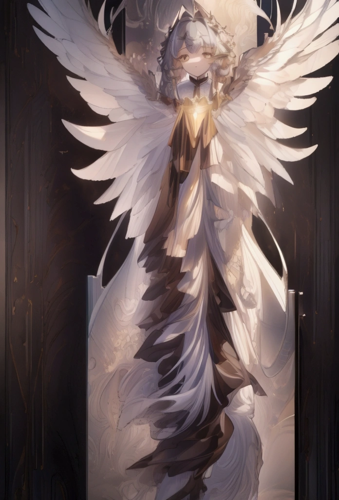 ((masterpiece)), ((Highest quality)), ((High resolution)), ((Highly detailed CG Unity 8k wallpaper)), alone, Tachibana Sonata, Brown uniform, Black Skirt, White socks, Facial beauty, Hanging hair, Parted hair, Silver Hair、Seriously an angel、Fantasy、Sky World、High-dimensional space