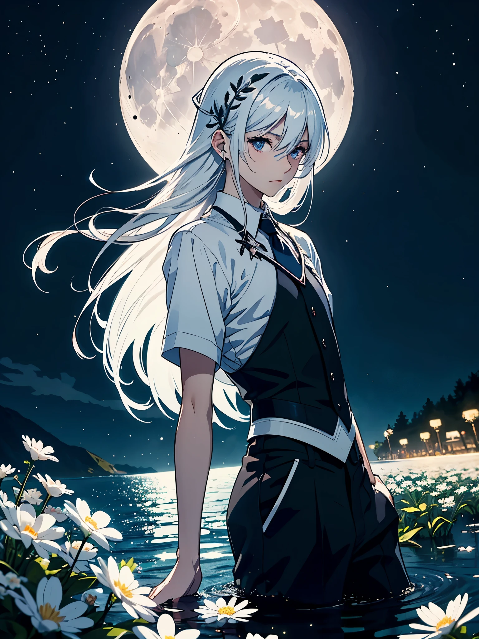 Mit Rock. Im Kleid. Blut. Engel. Viele weoße vögel. More anime. light blue light. Bright bright light. magical. Moon. White flowers. male. Long hair. long white hair. aquatic, boy, God of the Moon, silver hair accessories, White hair.