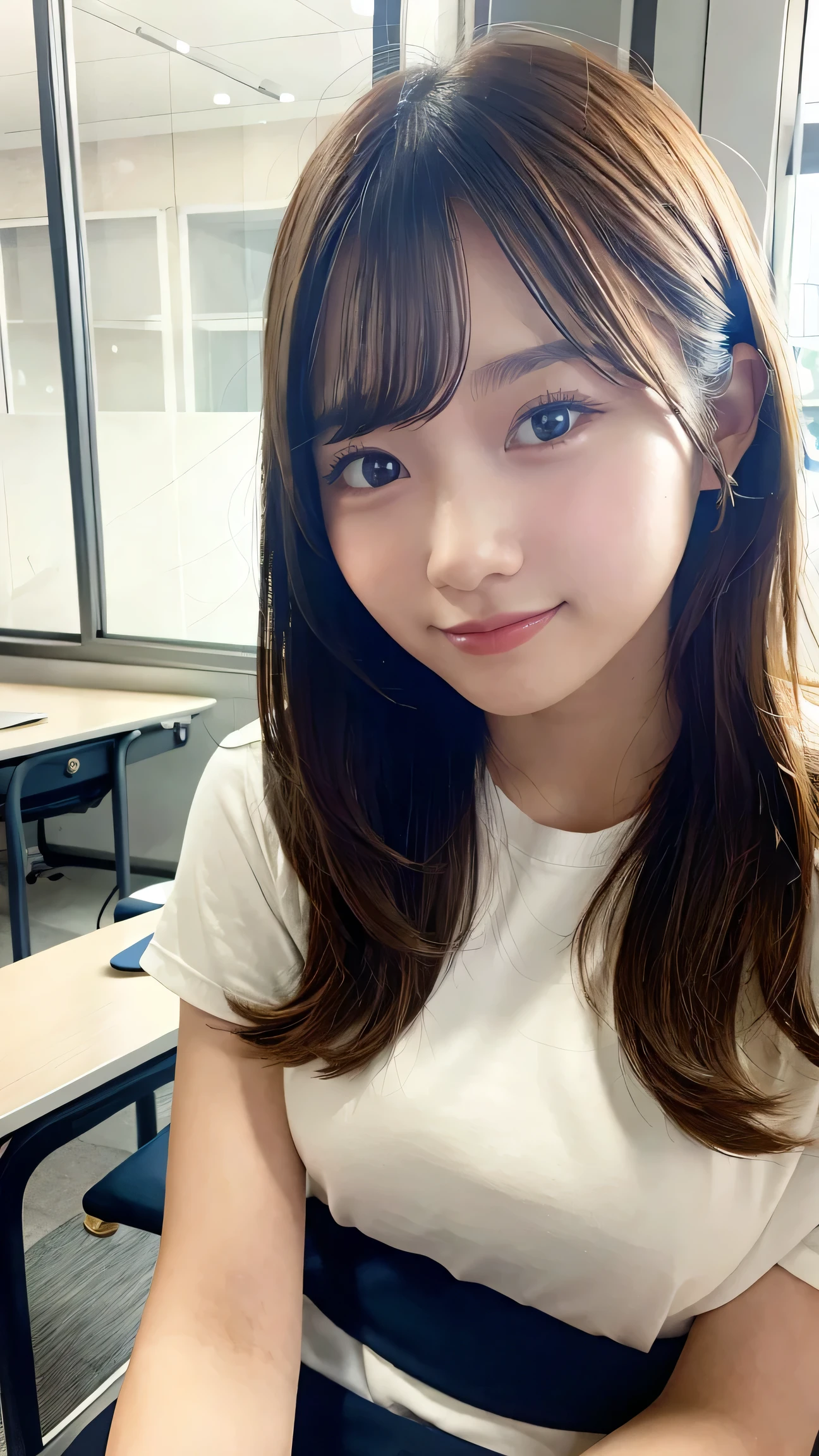 best quality, 1 beautiful female student, , sitting in classroom, focused on book, natural light, tidy desk, detailed background