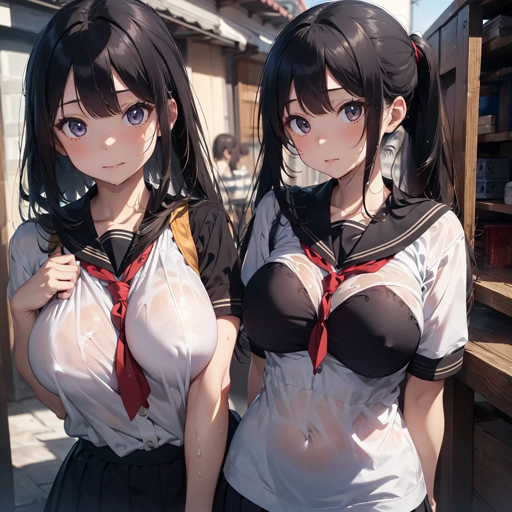 (looking viewer:1.5), 2lady(different hair style and clothes color), ((ultra-quality)), (Bukkake:1.5), (side view), (in 8K), (arms behind back:1.5), (arms are down), ultla highres, Hyper Detailed, High contrast, Ultrafine Strike, creative refinement, absurdres, Realistic, extremely detailed CG unified 8k wallpaper, Highly detailed, High-definition raw color photos, professional photograpy, Realistic portrait, Cinematic Light, Beautiful detailed, 28 years old woman, (realistic skin:1.3), (shiny skin), (Best Quality:1.4), Super Detail, High quality, master piece, lifelike, (After SEX), Bukkake, Perfect face, (cum on chest:1.3), (Bukkake:1.3), (cum on clothes:1.3), (Sharp Focus), (upper body), (close up), Delicate Beautiful Hair and Eyes and Face, Delicate eyes, radiant eyes, Lifelike, Hyper-detailing, (Wearing a dark sailor uniform:1.3), (school costume), (dark sailor collar), (black japanese school shirt), (no tie), (pleated skirt), (Sheer areola), (colossal breasts:1.6), (large breasts:1.5), (Beautiful breasts:1.5), (covered breasts:1.5), (arms behind back:1.3), Beautiful cute woman, camel-toe details, (SFW), wet clothes, pale black eyes, (dark bob hair), (ponytail), (asymmetrical bangs),