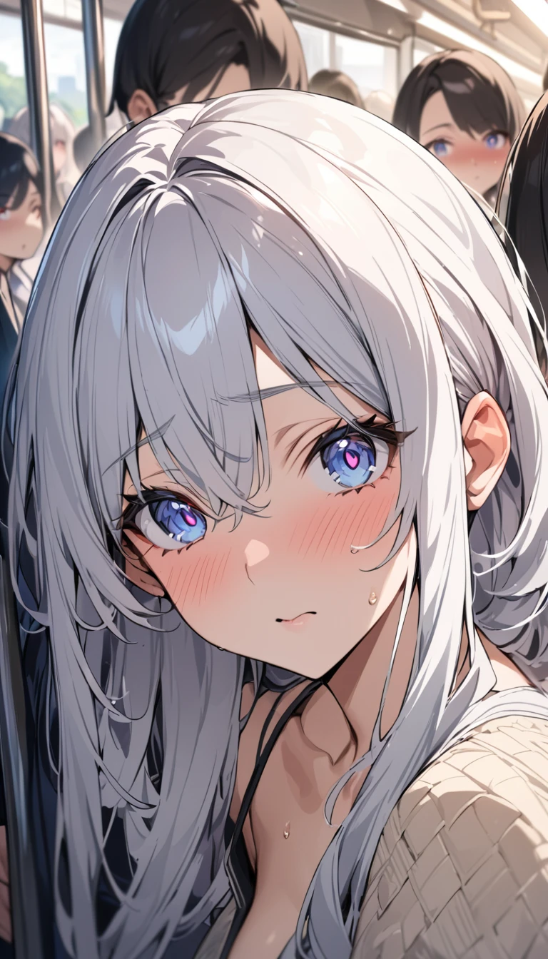 masterpiece, High resolution, perfect face, Japan beauties, 30 years old, beautiful face, in the crowded train, high school student, embarrassed look, look at the camera, (top quality eyes), detailed texture, Look at me, Married woman, cool women, ((high resolution eyes)), hentai