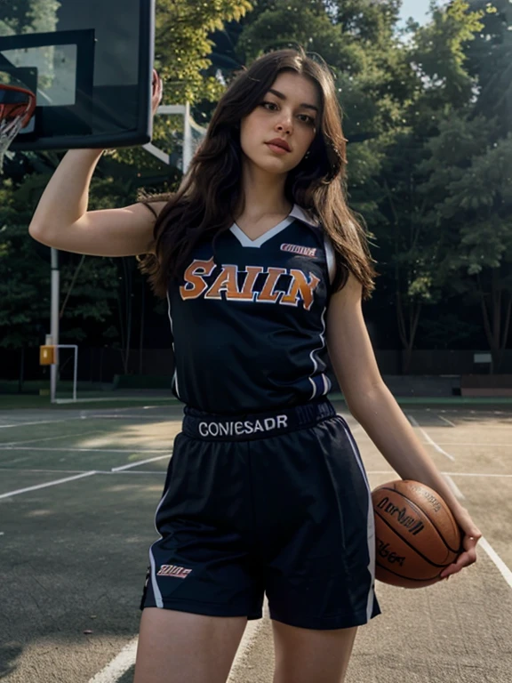 (8k, best quality, masterpiece:1.2), (realistic, photo-realistic:1.37), ultra-detailed,best quality, ultra high res, professional lighting, photon mapping, radiosity, physically-based rendering, cinematic lighting, basketball court,depth of field, sharp focus,sunbeam, good composition,(bokeh:1.2) 1girl,solo,(full body), (closed mouth),beautiful detailed eyes, pose, narrow waist,basketball uniform, black hair,messy hair,long hair floating in wind