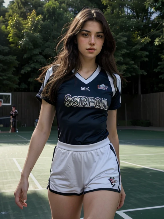 (8k, best quality, masterpiece:1.2), (realistic, photo-realistic:1.37), ultra-detailed,best quality, ultra high res, professional lighting, photon mapping, radiosity, physically-based rendering, cinematic lighting, basketball court,depth of field, sharp focus,sunbeam, good composition,(bokeh:1.2) 1girl,solo,(full body), (closed mouth),beautiful detailed eyes, pose, narrow waist,basketball uniform, black hair,messy hair,long hair floating in wind