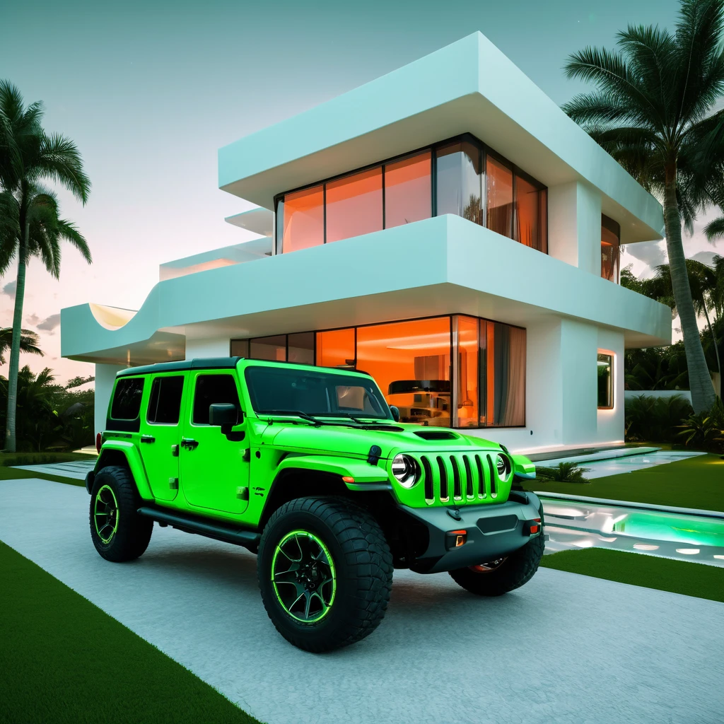 a futuristic house with a floresent green jeep wrangler parked in front of it, cgsocietywlop, beautiful curves, intricate devilish designs, qualia, interesting shapes & form, wow factor, elaborate polished, architectural rendering, miami, orange soft lighting in interior of house, futuristic battlefield, inspired by James E. Brewton, precise architectural rendering