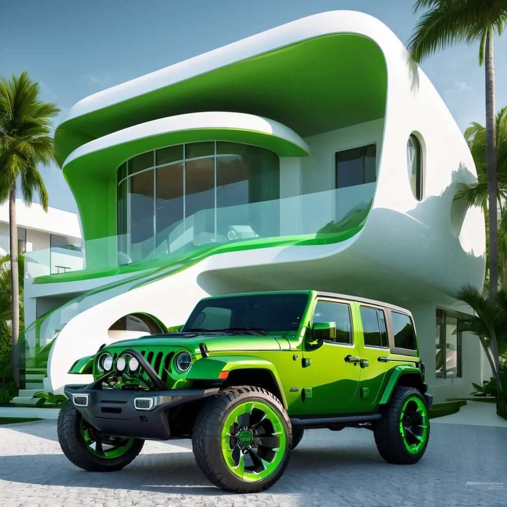 a futuristic house with a floresent green jeep wrangler parked in front of it, cgsocietywlop, beautiful curves, intricate devilish designs, qualia, interesting shapes & form, wow factor, elaborate polished, architectural rendering, miami, orange soft lighting in interior of house, futuristic battlefield, inspired by James E. Brewton, precise architectural rendering