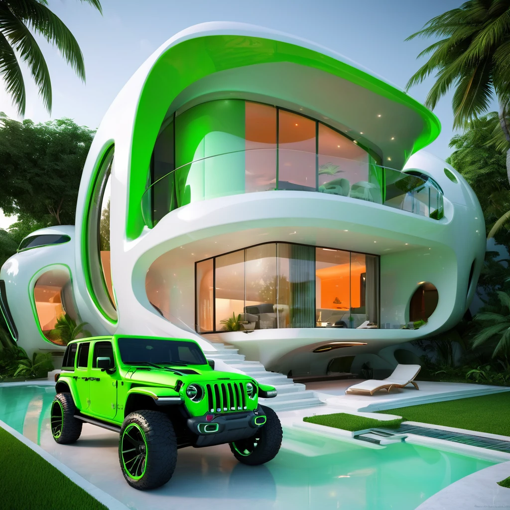 a futuristic house with a floresent green jeep wrangler parked in front of it, cgsocietywlop, beautiful curves, intricate devilish designs, qualia, interesting shapes & form, wow factor, elaborate polished, architectural rendering, miami, orange soft lighting in interior of house, futuristic battlefield, inspired by James E. Brewton, precise architectural rendering