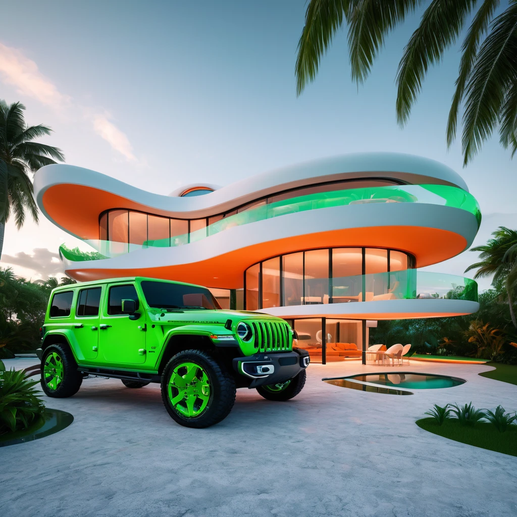 a futuristic house with a floresent green jeep wrangler parked in front of it, cgsocietywlop, beautiful curves, intricate devilish designs, qualia, interesting shapes & form, wow factor, elaborate polished, architectural rendering, miami, orange soft lighting in interior of house, futuristic battlefield, inspired by James E. Brewton, precise architectural rendering