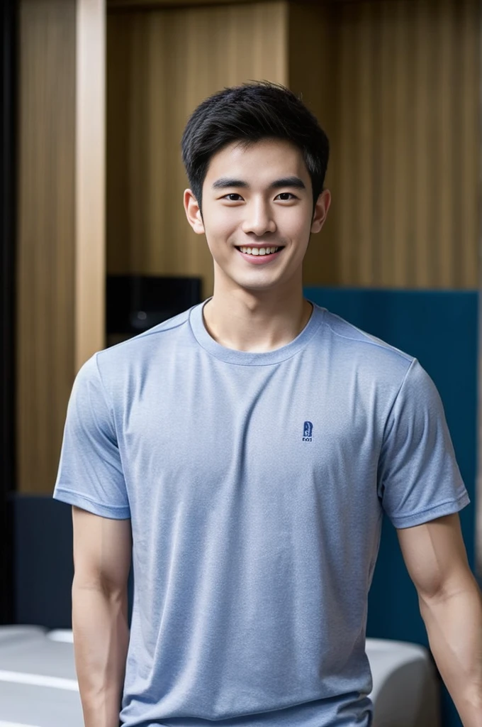 Korean man, Inspiration from Peng Yuyan, 23 years old, Korean muscular man ，The computer room is in the back, tight sports t-shirts, navy blue., open mouth smile