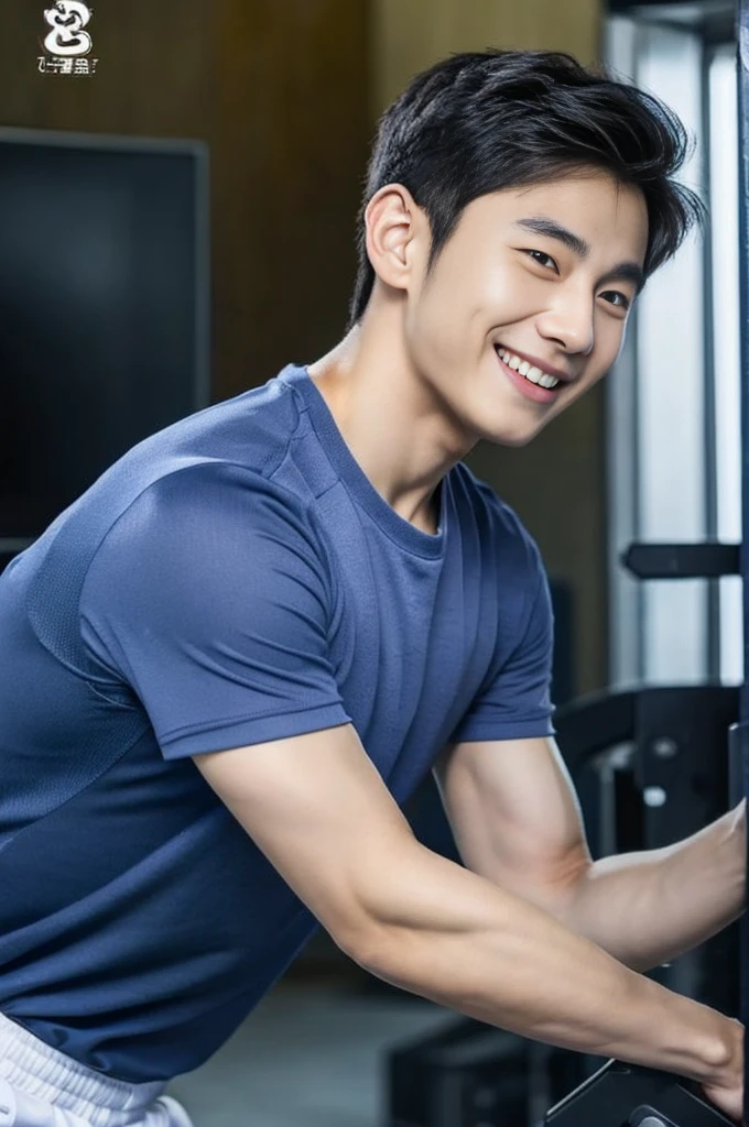 Korean man, Inspiration from Peng Yuyan, 23 years old, Korean muscular man ，The computer room is in the back, tight sports t-shirts, navy blue., open mouth smile