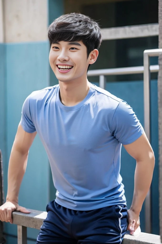 Korean man, Inspiration from Peng Yuyan, 23 years old, Korean muscular man ，The computer room is in the back, tight sports t-shirts, navy blue., open mouth smile