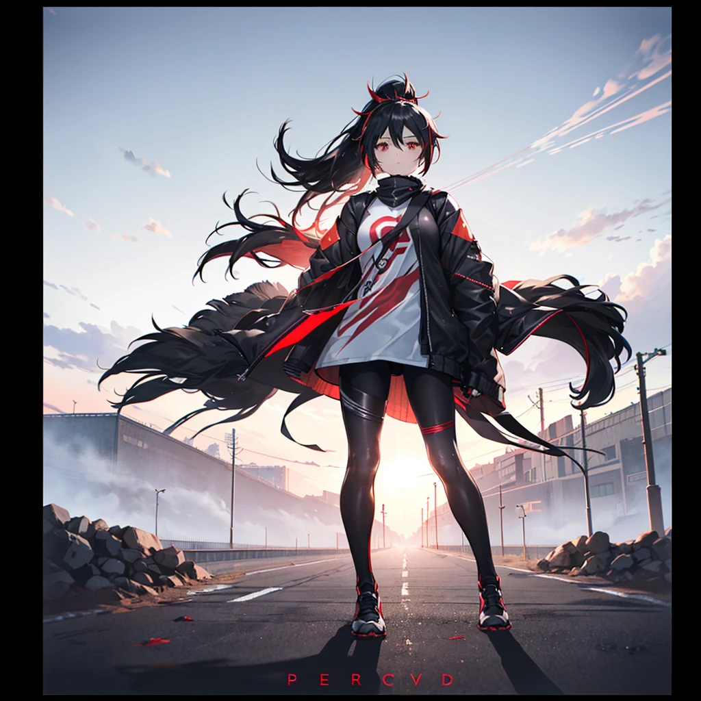 ((((Female rider、forward leaning posture Full Body Tights、Black Red Motorcycle、get on)))) (((Black Hair、ponytail、Blowing in the Wind Bright red eyes))) ((Expressway、night)) Shining Edge Shining Background