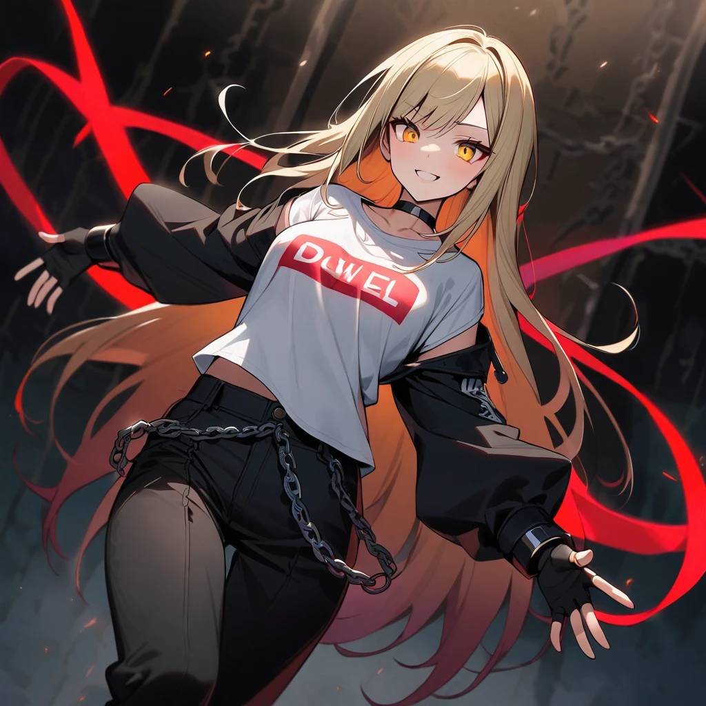 (well done: 1) woman, long straight pale blonde hair with a red streak, yellow eyes, black choker, loose long-sleeved white t-shirt, black fingerless gloves, black pants with some chains around them, black boots.