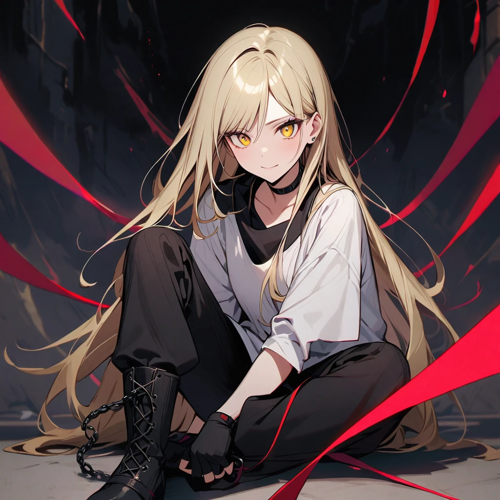 (well done: 1) woman, long straight pale blonde hair with a red streak, yellow eyes, black choker, loose long-sleeved white t-shirt, black fingerless gloves, black pants with some chains around them, black boots.