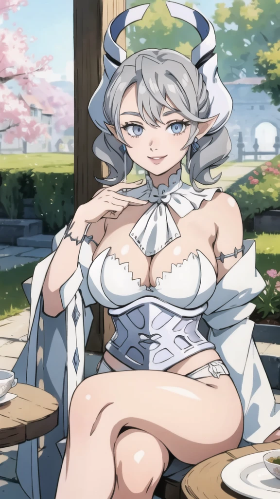 Beautiful arts wallpaper morning Outside castle top  High level image quality　best image quality　8K　 adult woman      more colors   whole body view　portrait　 wearing pure white bikini  　white horn    ears  　short hair（（shortcut）（gray hair）（perm）（fluffy））　eye color is blue ,  　attractive evil face , smile   ,  sitting in the garden, table with cups of tea, servents around her    ,  labrynth      , crossed legs,  