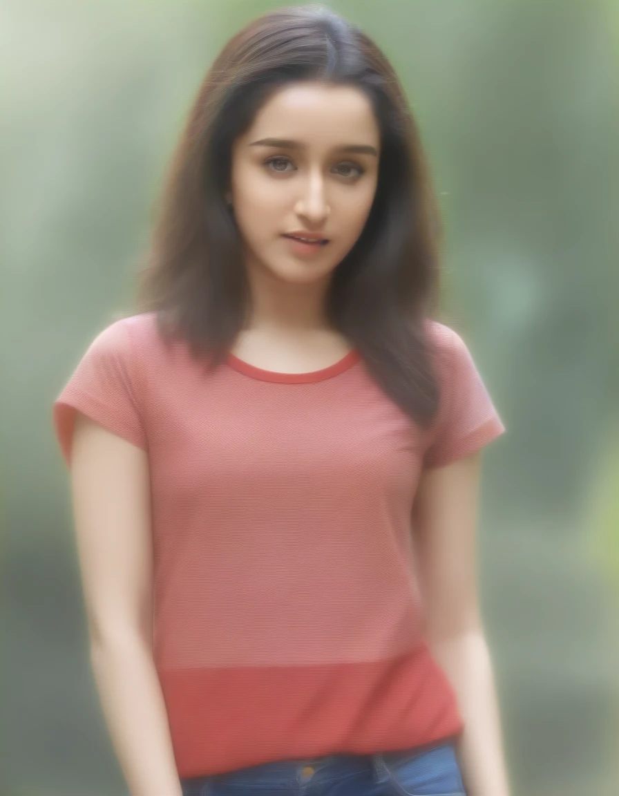 Masterpiece , highly detailed , best quality , perfect face , Shraddha Kapoor , wearing too short sleeves red printed t-shirt and blue jeans , in  garden , looking at camera 