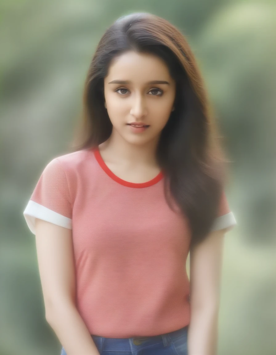 Masterpiece , highly detailed , best quality , perfect face , Shraddha Kapoor , wearing too short sleeves red printed t-shirt and blue jeans , in  garden , looking at camera 