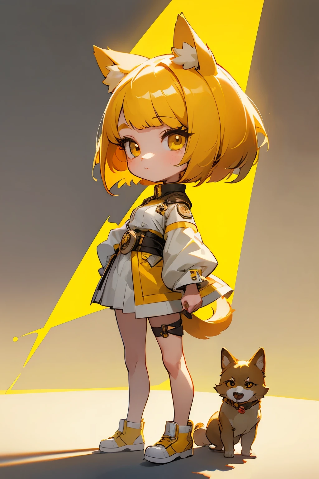 girl, full body, side view, cartoon style, chibi style, cute, dog ear, beautiful face, yellow color eye, beautiful eye, high detailed pupil, double eyelid, high detailed skin, high quality skin, yellow color hair, bob cut hair, dog tail, white clothes, professional lighting, real shadow, masterpiece,