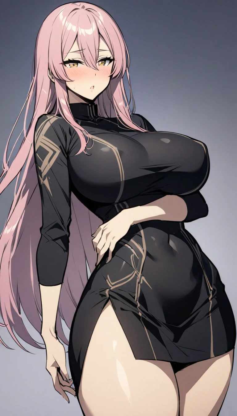 Pretty, solo, female, long hair, pink hair, golden eyes,tight black dress noona, big breasts, big thighs, hot