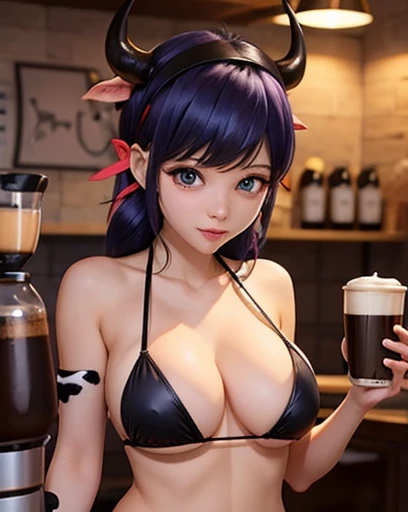 Dairy cow cosplay, headband with cow horns and ears,  microbikini, barista coffee shop , Grandes guide 