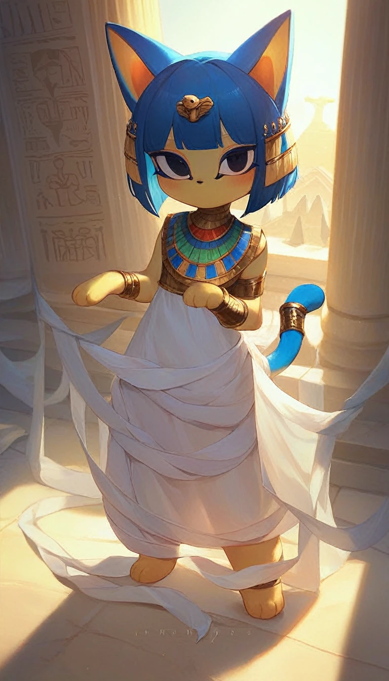 1girl,Artist Name,Egyptian cat,Blue Hair,skin,Keep your mouth shut,Wear,whole body,solo,Standing,猫Tail,Keep your mouth shut,Wear,Looking at the audience,Animal Crossing Furry, Blue Hair, Hair accessories, 黄skin, black eyes, White Dress, Tail, Egyptian Pyramids,mummy,Sunlight,sunny,(masterpiece), ((best quality), Detailed background, masterpiece, best quality, high quality, absurd, The award-winning, professional, Very detailed