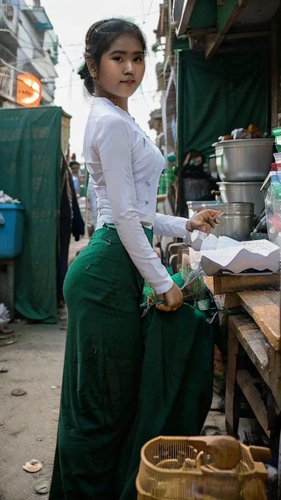 Burmese student girl, on the street of Yangon, neon lights, beautiful body, upper white and lower green outfit, cute girl, photo realistic