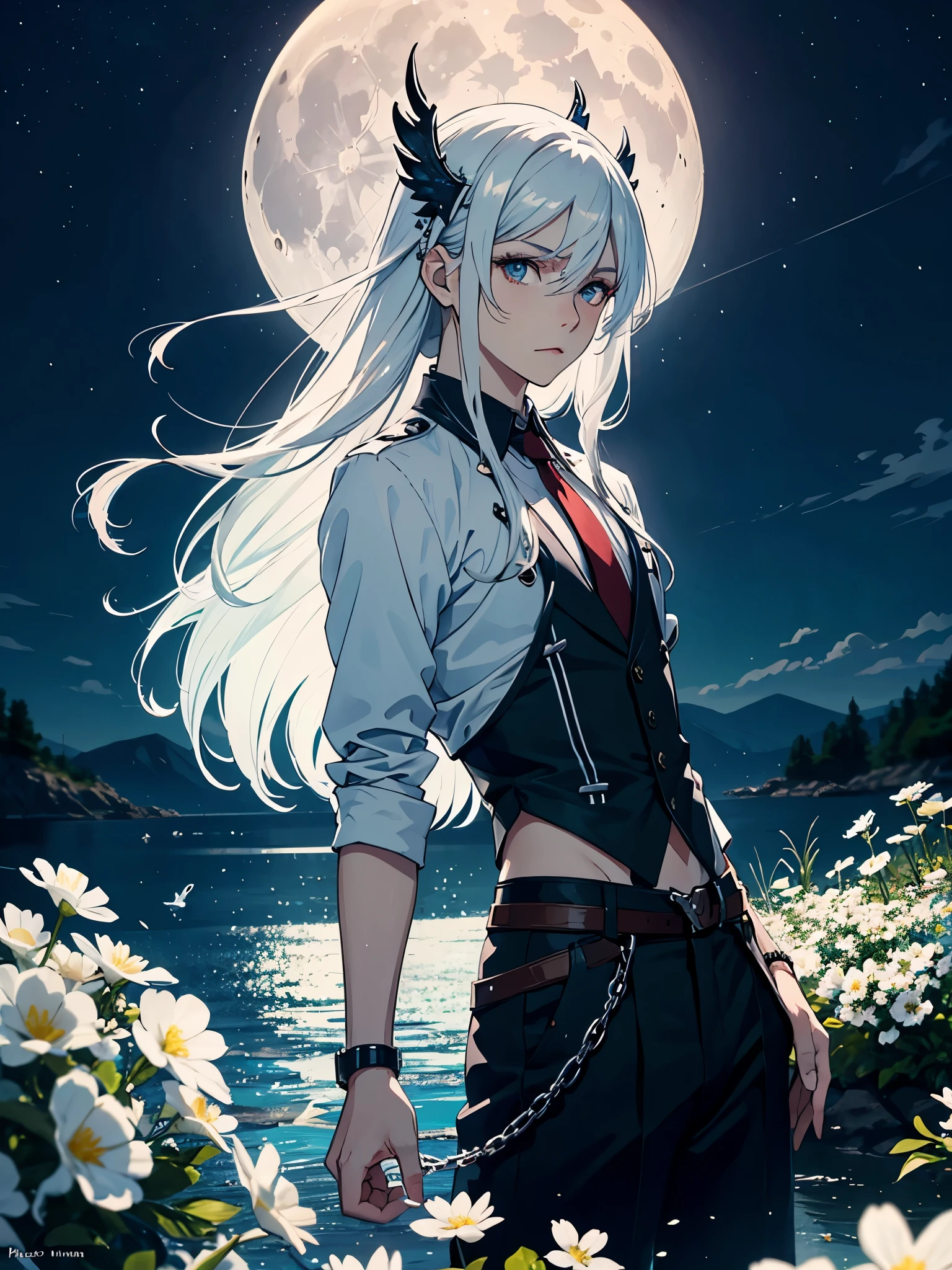 Red eyeliner. Mit Rock. Im Kleid. Blut.  Engel. Viele weoße vögel. More anime. light blue light. Bright bright light. magical. Moon. White flowers. male. Long hair. long white hair. aquatic, boy, God of the Moon, silver hair accessories, White hair. 