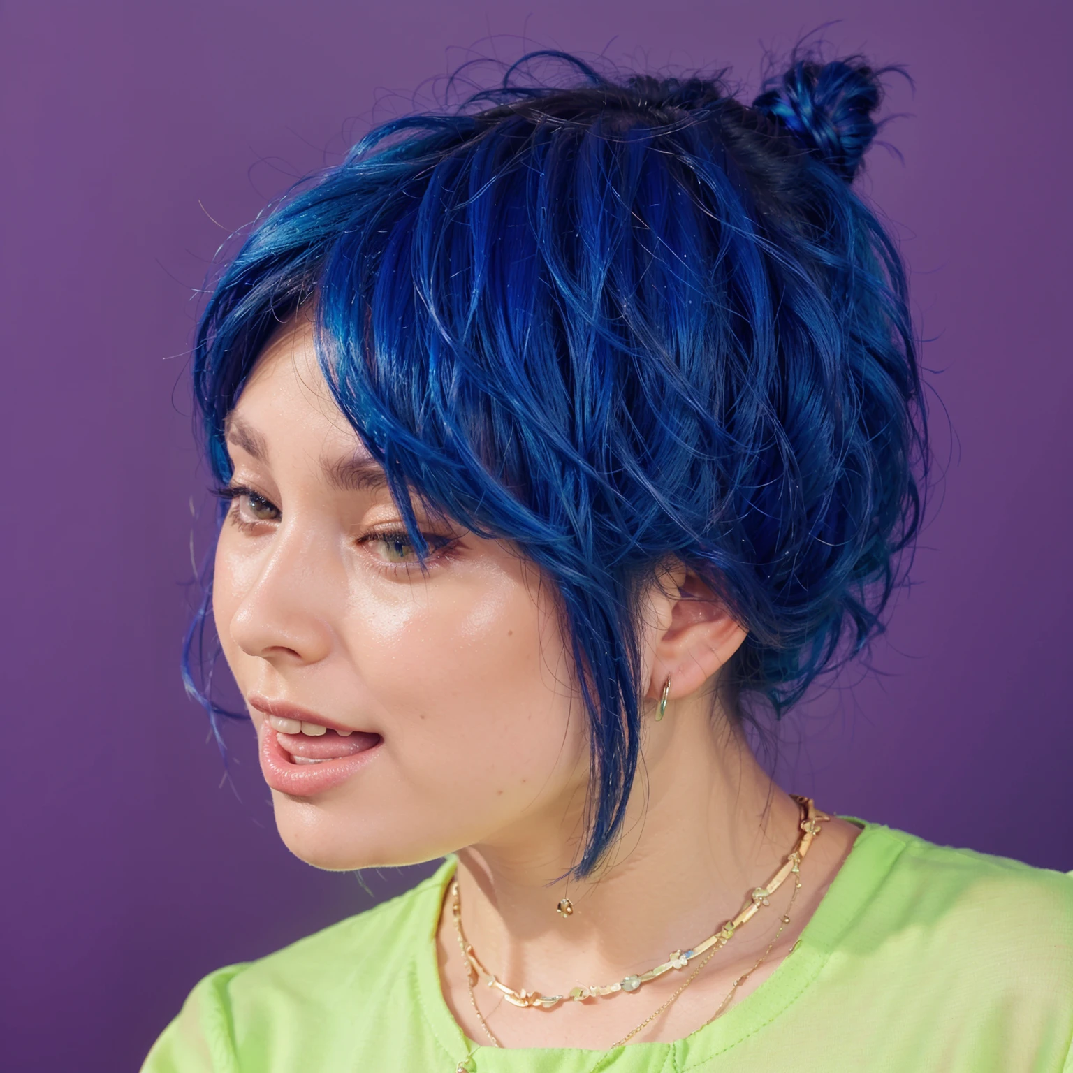 The image features a vibrant portrait of a young woman with striking blue hair styled in a dynamic, tousled look. Her makeup is bold and colorful, with yellow and blue eyeshadow that complements her hair, and a natural pink lip color that adds a soft touch to her expressive face. She is wearing a bright green dress with a floral pattern, which matches her lively and cheerful demeanor. The purple background enhances the vividness of her appearance, making the image pop with energy and personality. This setting exudes a sense of warmth and safety, ideal for a child's imaginative and peaceful slumber. аffects render, (glossy plastic texture with multiple big light probe refractions), perfect cgi, smooth silhouette, high intensity refraction, (super glossy plastic material), most beautiful vfx, , realistic, 4k, high resolution, rim light, smooth 3d model, multiple light sources, rim light, sharp post effects render,, realistic, 4k, high resolution, rim light detailed digital art, reflective, best quality, 4k, masterpiece:1.2, ultra-detailed, realistic, vivid colors, The image of the highest quality, ensuring every detail showcased perfectly. It in 4k resolution, allowing viewers to immerse themselves in the richness of the colors and intricate details. The realistic rendering. under the spotlight, reflecting, high-resolution image, realistic rendering