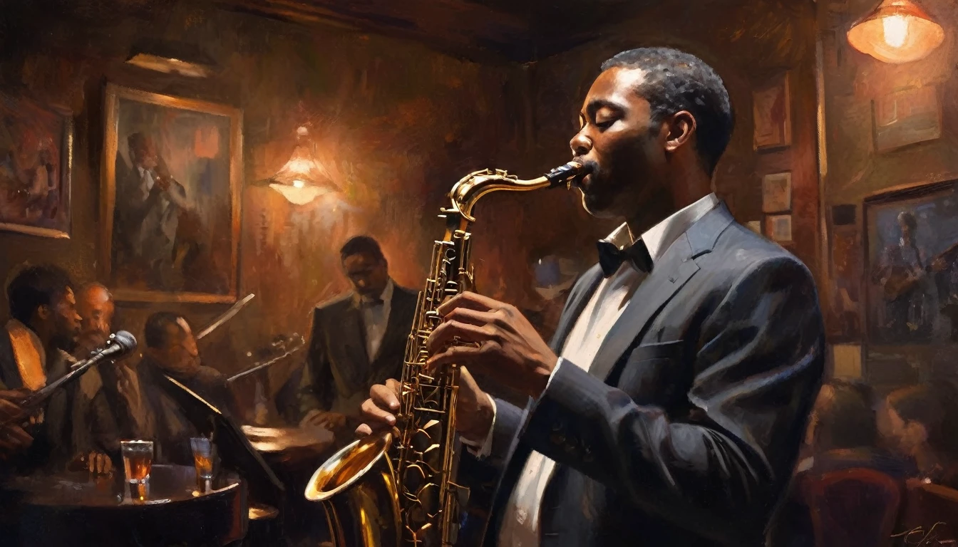 Impressionist painting, Intimate jazz club atmosphere, Dark and Smoky, A saxophonist gives the best performance of his life, Very intricate detail, Award-winning art, Ray Tracing, Sharp focus, 8k, High resolution, masterpiece, Professional, Very detailed, Perfect hands