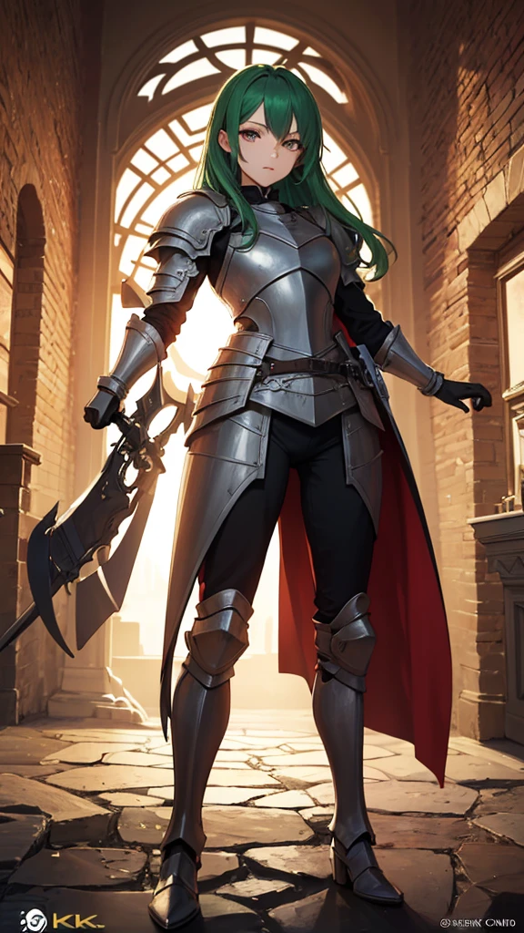 (masterpiece, 4K ,Super detailed:1.2), (anime:1), (Perfect quality), The whole body is shown, View Viewer, Knight Commander, Full Body Art, Green Hair, White skin, Red iris eyes, Knight's full plate decorated armor, Silver Cape, Perfect detail