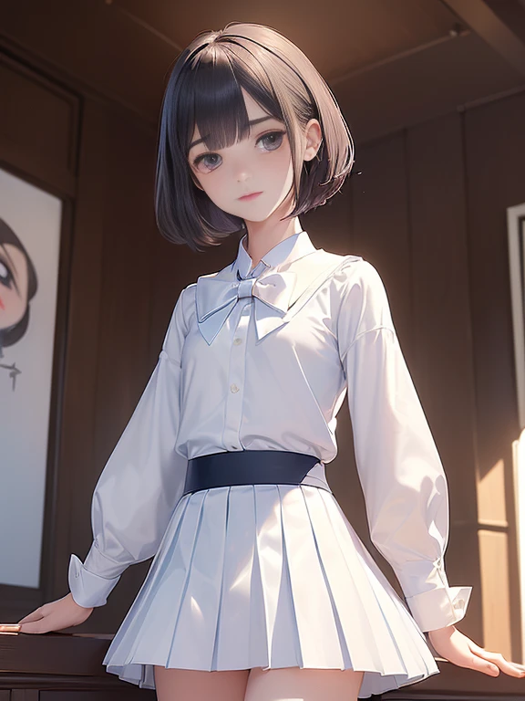 (masterpiece、Highest quality:1.7)、(:1.5)、(Shot from the calf up:1.1)、Bobcut、Black Hair、85mm、16K、Official Art、RAW Photos、Best Beautiful Faces、Close-up、Violet、Gardenia、((The best beautiful girl、very cute))、Red blush on cheeks、((In the office))、(Are standing:1.8)、Film Grain、Chromatic Aberration、Sharp Focus、(((Nice hands、Perfect hands、Perfect Fingers、Thin and delicate fingers、A perfect body without flaws)))、Detailed face、(Slender body:1.5)、(Slender body:1.3)、(Slim upper body:1.2)、(Small and flat bust:1.7)、(Narrow thighs:1.3)、(Let your bangs hang down:1.8)、(Blushing:1.8)、(Low contrast lighting:1.4)、(襟t付きのwhiteタイトビジネスブラウス:1.5)、((white)Bowtie blouse:1.5)、(Long sleeve: 1.4)、(The length is very short(white)Pleated mini skirt:1.7)、(シルクのwhite手袋:1.5)、(Hide the chest with the palm:1.7),(The wind is blowing up her skirt:1.5),(Low angle from below:1.6)
