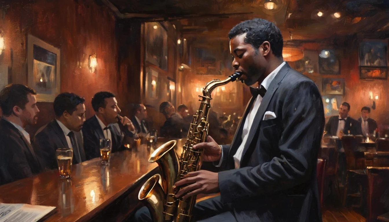 Impressionist painting, Intimate jazz club atmosphere, Dark and Smoky, A saxophonist gives the best performance of his life, Very intricate detail, Award-winning art, Ray Tracing, Sharp focus, 8k, High resolution, masterpiece, Professional, Very detailed, Perfect hands