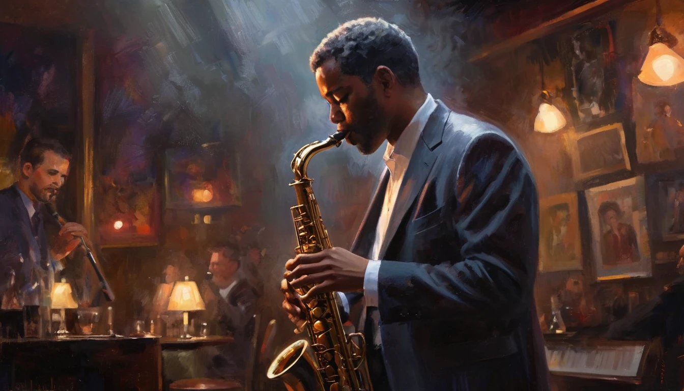 Impressionist painting, Intimate jazz club atmosphere, Dark and Smoky, A saxophonist gives the best performance of his life, Very intricate detail, Award-winning art, Ray Tracing, Sharp focus, 8k, High resolution, masterpiece, Professional, Very detailed, Perfect hands