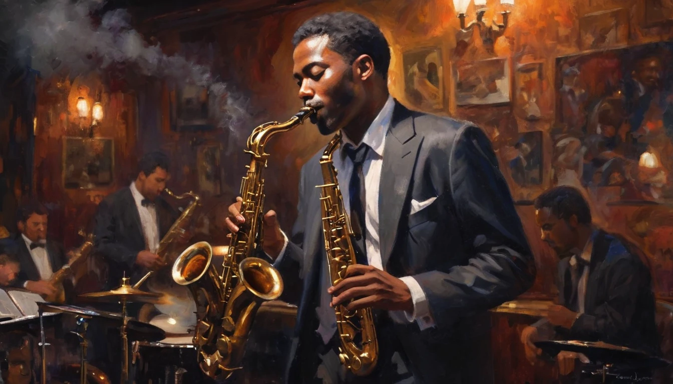 Impressionist painting, Intimate jazz club atmosphere, Dark and Smoky, A saxophonist gives the best performance of his life, Very intricate detail, Award-winning art, Ray Tracing, Sharp focus, 8k, High resolution, masterpiece, Professional, Very detailed, Perfect hands