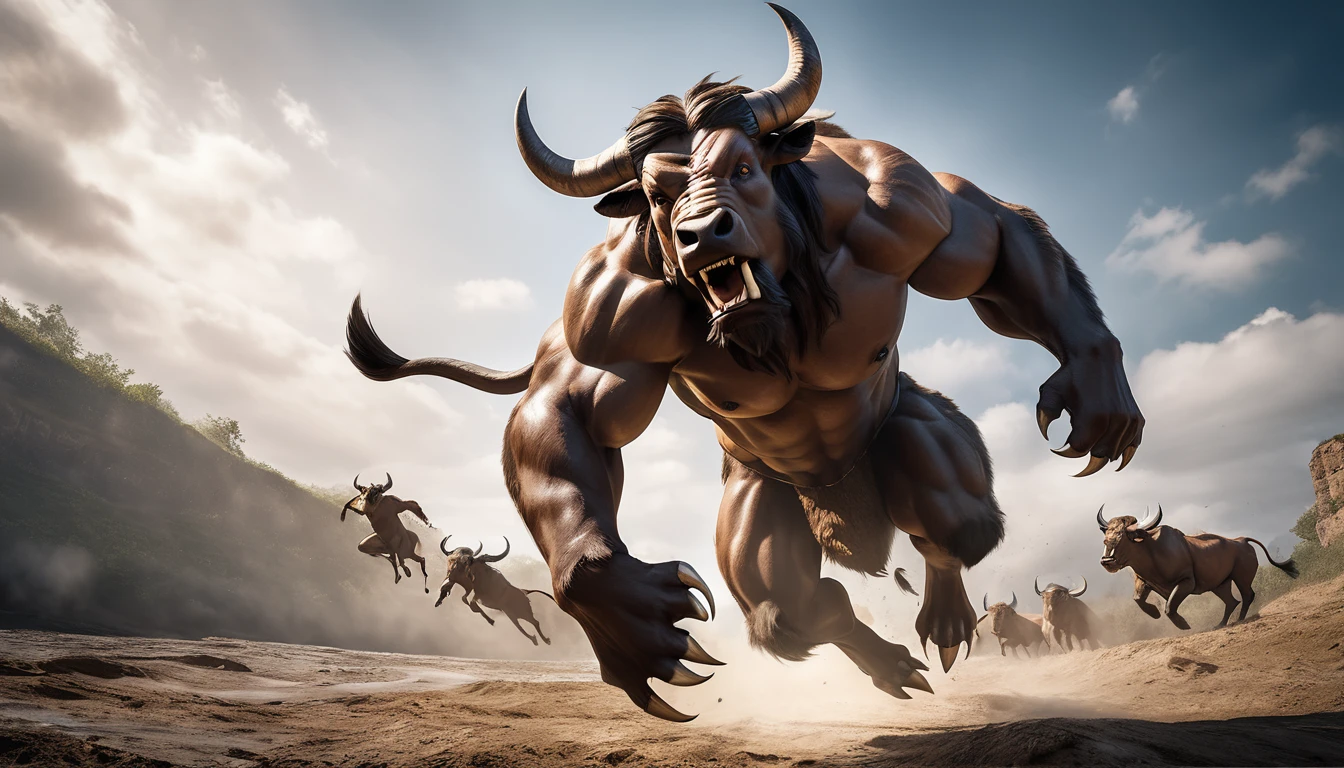 Realistic photos, RAW Photos, Minotaur, attacks viewer, Powerful movements, jump on prey, ((Dynamic jump)), Sharp Claws, Minotaur approaching from above, sudden approach, Bad-tempered, dynamic Shot from grand