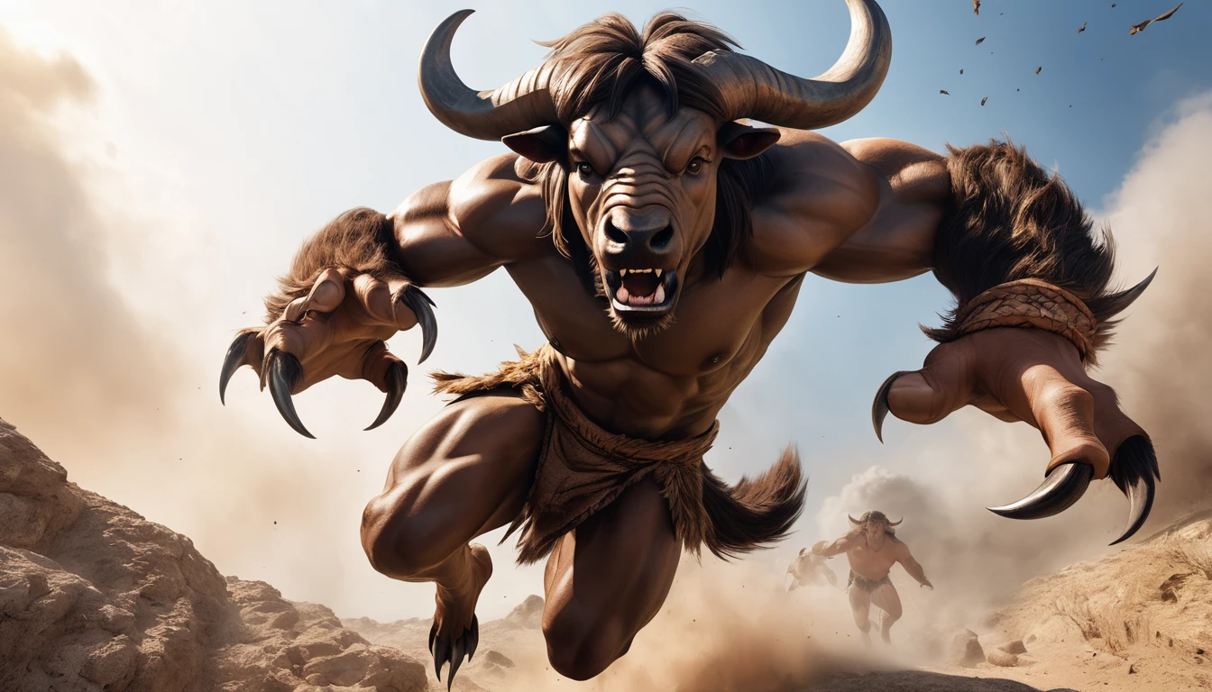 Realistic photos, RAW Photos, Minotaur, attacks viewer, Powerful movements, jump on prey, ((Dynamic jump)), Sharp Claws, Minotaur approaching from above, sudden approach, Bad-tempered, dynamic Shot from grand