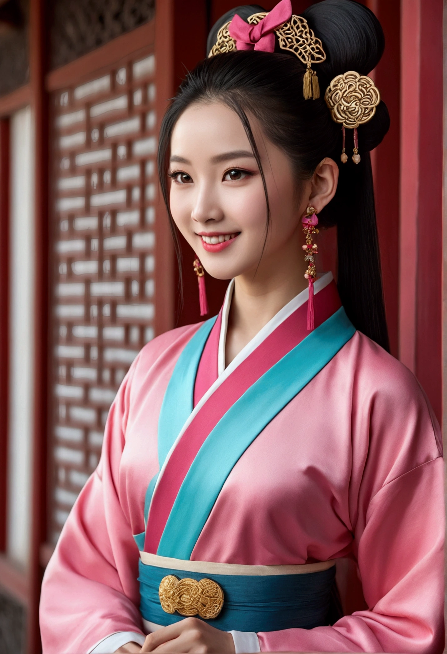 best qualityer, work of art, high resolution, 1 girl, ancient Chinese pink don, beautiful face, Ancient Chinese clothes, bowknot sem a imagem original, chic, nobleman, tails, slender leg, faerie, hair accessory, standing alone, looking ahead at viewer, smiling, get away, lips, don, hair accessory, necklase, jewerly, long hair, aretes, architechture, east asian architechture