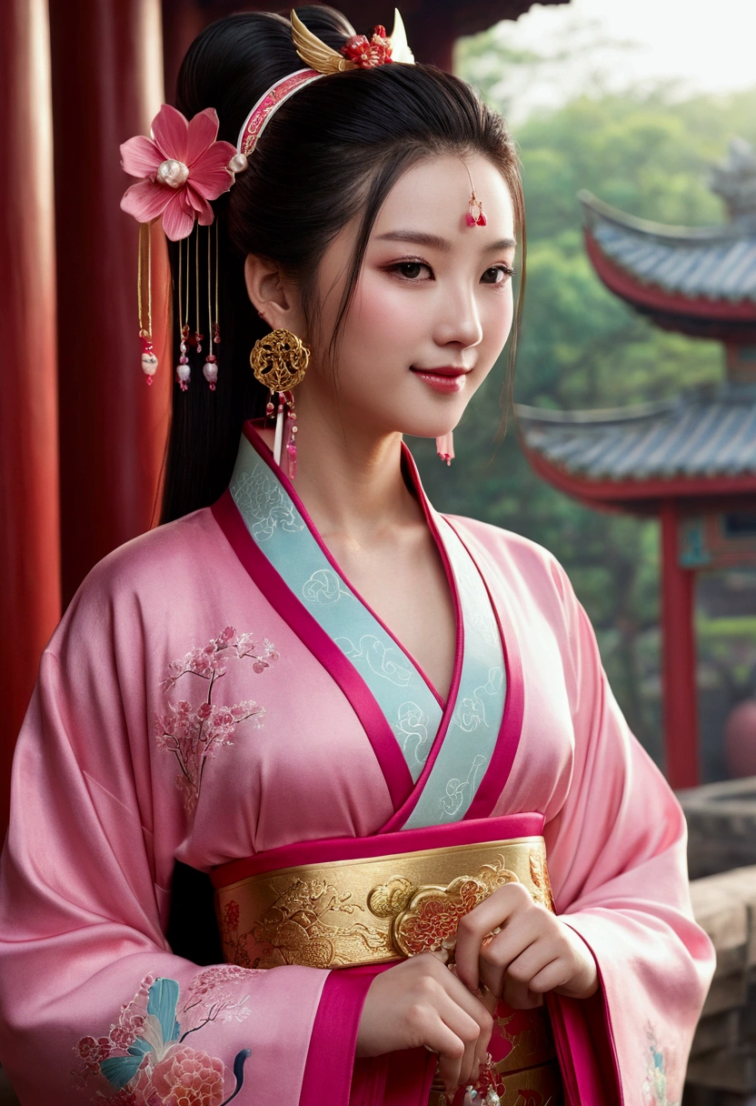 best qualityer, work of art, high resolution, 1 girl, ancient Chinese pink don, beautiful  face, Ancient Chinese clothes, bowknot sem a imagem original, chic, nobleman, tails, slender leg, faerie, hair accessory, standing alone, looking ahead at viewer, smiling, get away, lips, don, hair accessory, necklase, jewerly, long hair, aretes, architechture, east asian architechture