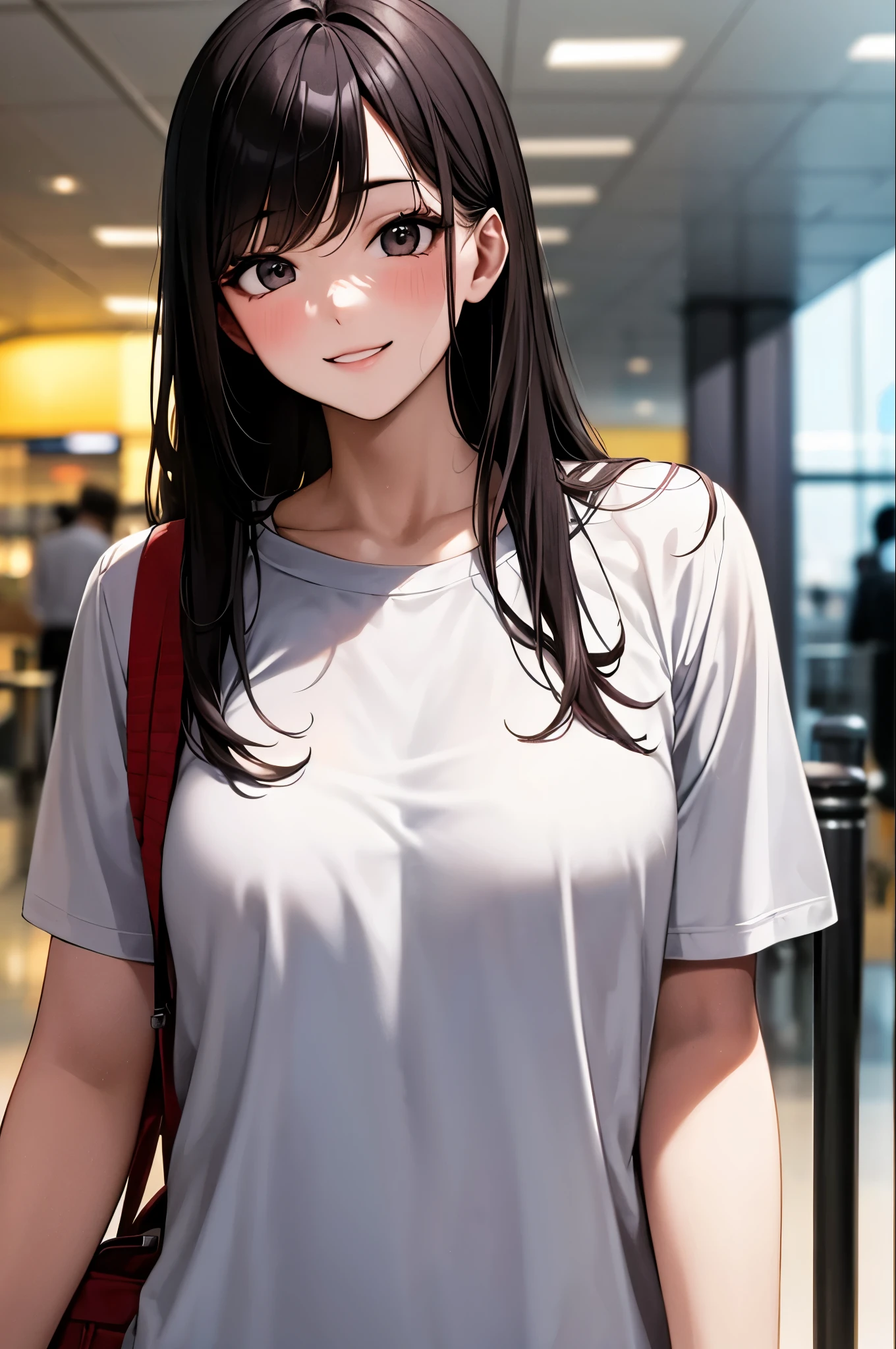 Real photos of Korean women, Crossed bangs, smile, T-Shirts, At the airport, Eye-level shot, Blurred, 超High resolution, masterpiece, High resolution, 16K