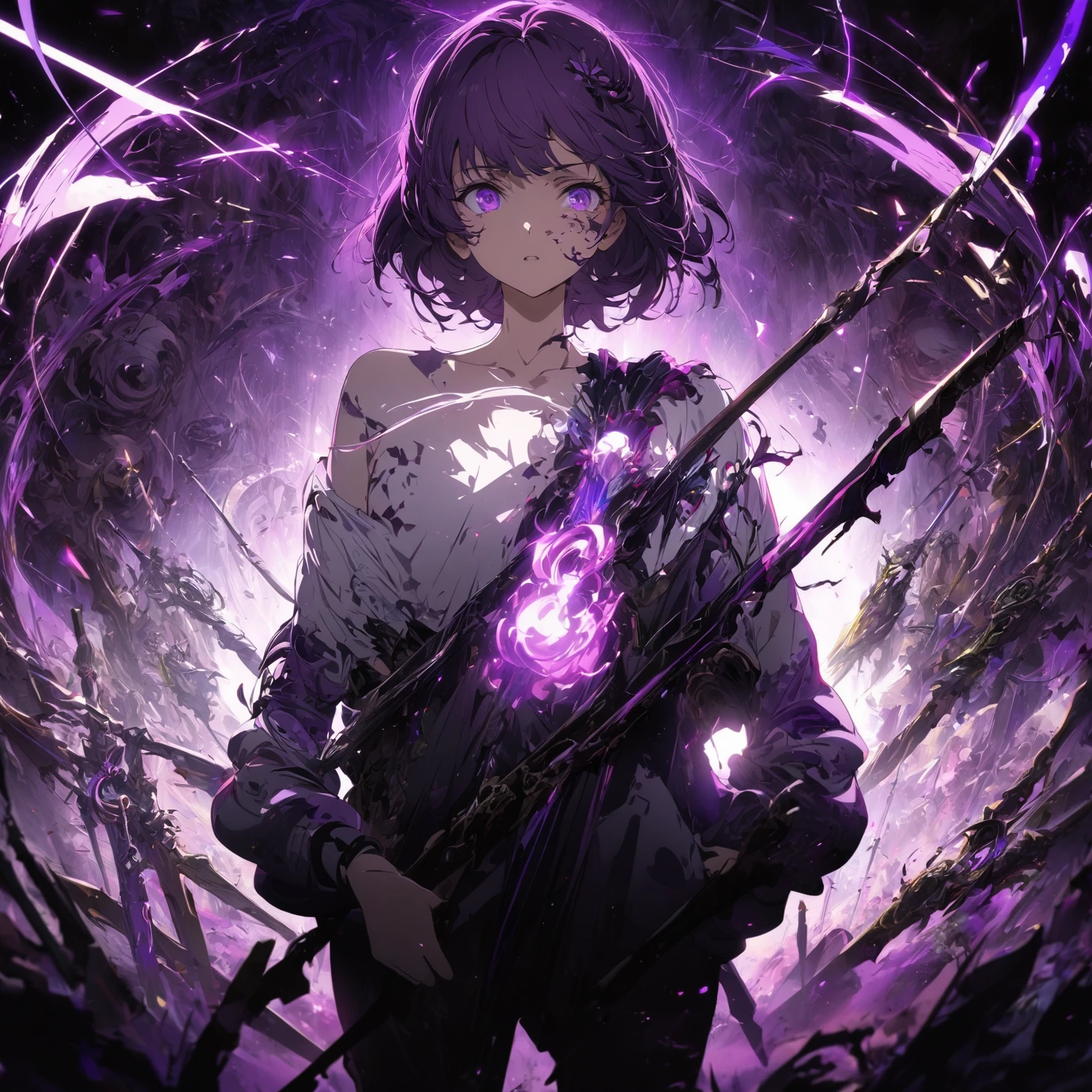 a girl Wearing a very unique casual styled outfit, purple shadows hollow surrounding her, her expression is mostly blank and neutral, with eyes slightly open and a straight mouth, (nude:0.8), weapons that are made out of purple shadow swirling in the air, more weapons made out of black and purple shadows are floating around her, in a Dark and dramatic background, Hints her power theme and sparks to illuminate the characters, detailed gorgeous face| anime style| key visual| intricate detail| highly detailed| breathtaking| vibrant| panoramic| cinematic| Carne Griffiths| Conrad Roset| gibbli 8k