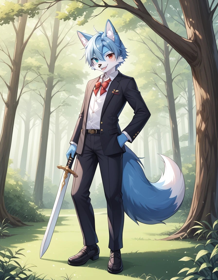 毛茸茸of, Fraction_of, pushrod, fox, 独自of, furry , 毛茸茸of, Blue and white, sword, Tail, 可爱of, 短of, Heterochromia, Cartoon, Flat Color, 简单of阴影, Full body portrait,Forest Background, 模糊of背景,幼小of，male